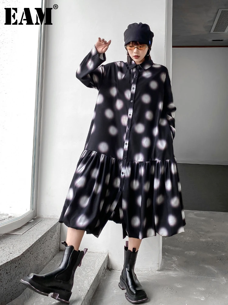 

[EAM] Women Black Dot Tie Dye Big Size Shirt Dress New Lapel Long Sleeve Loose Fit Fashion Tide Spring Autumn 2023 1DF1500