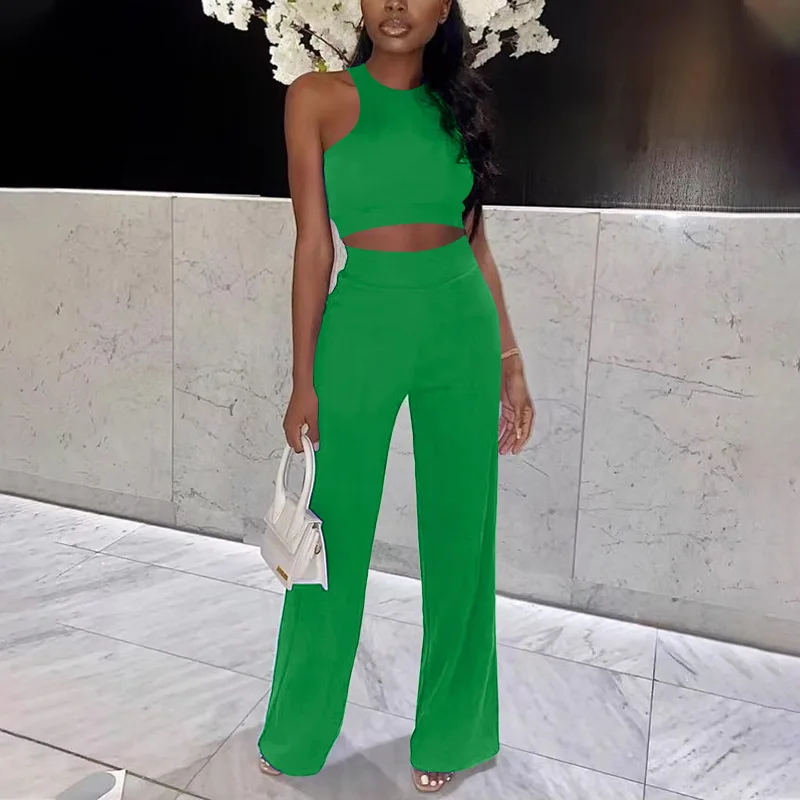 

Newest Two-Piece Set Women Top Pants High Waist Set Summer 2022 New Crop Tank Top and Wide Leg Pants Ladies sexy casual set