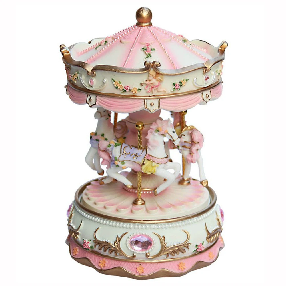 

Retro Decor Kid Music Box LED Light Romantic Valentine's Day Craft Clockwork Mechanism Resin Birthday Home Luxury Carousel Toys