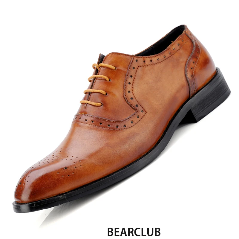 

BEARCLUB Men's Oxfords Genuine Cow Leather Male Dress Shoe Vintage Brogues Natural Material Casual Business Footwear Hombres