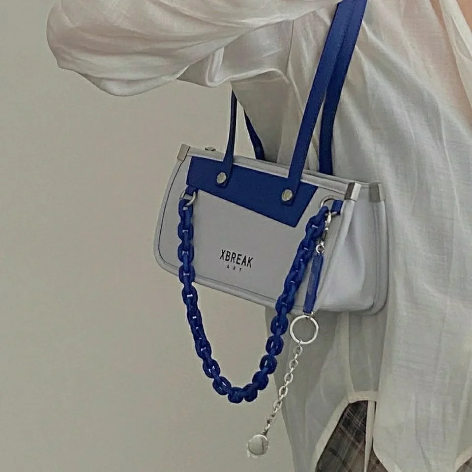 

MBTI Acrylic Chains Sac A Main Femme Fashion 2022 PU Patchwork Square Women Shoulder Bag Casual White Zipper Bolso Mujer