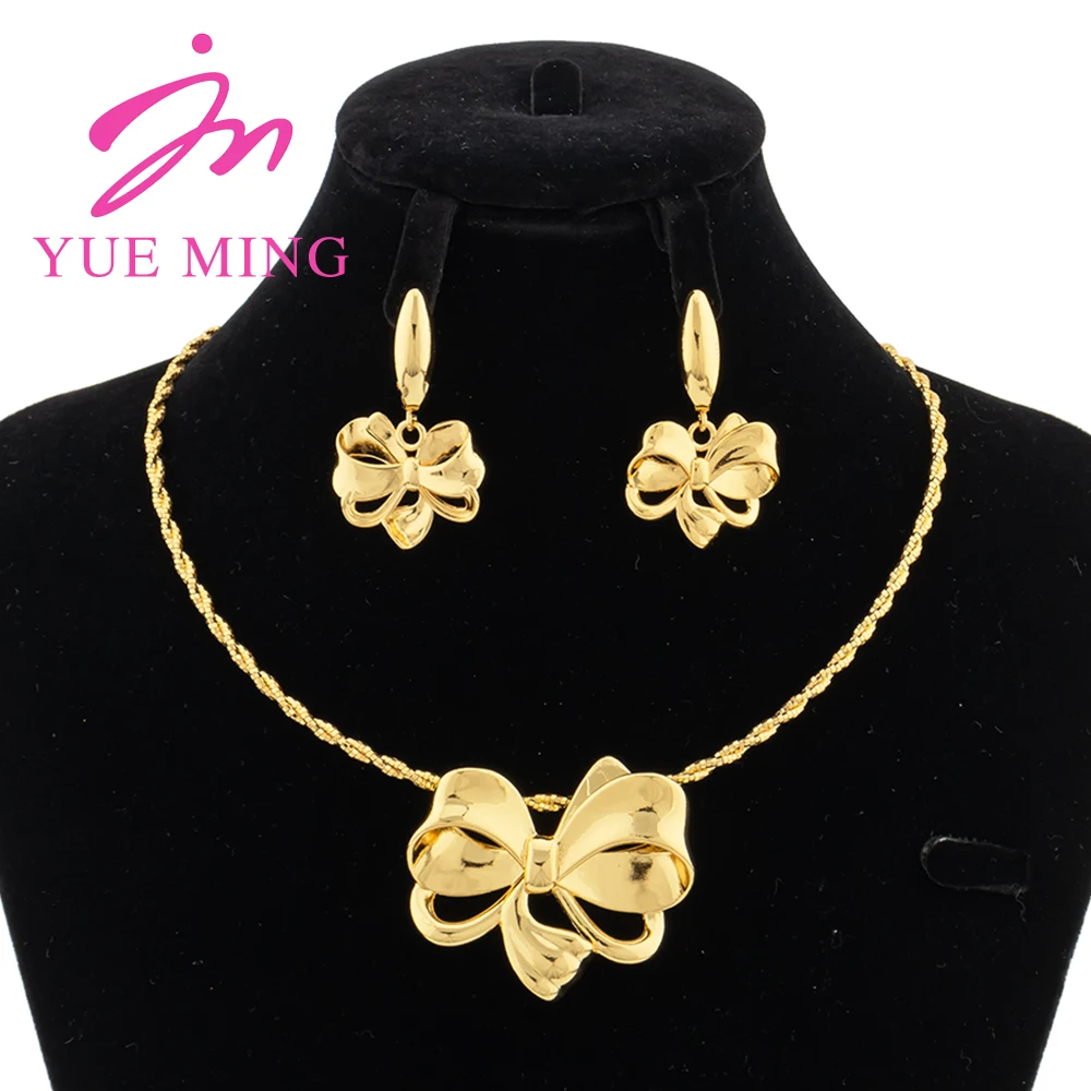 

YM Luxury Jewelry Sets For Women Dubai Gold Color Bow Pendant African Arabic Wedding Bridal Copper Necklace Earring Jewellery