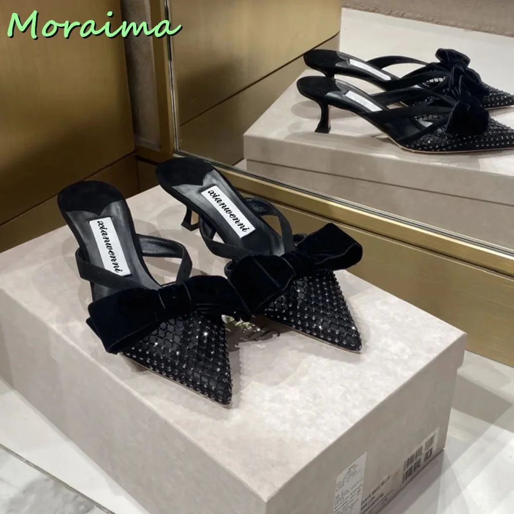 Rosy Red Velvet Butterfly Knot Slides Designer Women Pointed Toe Satin Mesh Slippers Summer Sexy Thin Mid Heel New Arrival 2023