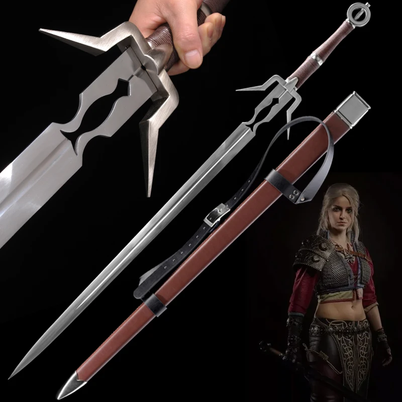 

No Sharp Ciri's Medieval Swords Stainless Steel Blade Cosplay Props Home Decoration Wooden Sheath Brown Leather