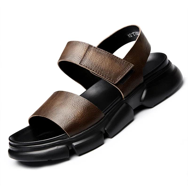 

Anti-skid Cowhide Sandals Summer Business Breathable Classic Men's High Quality Genuine Leather Sandals with Magic Tape Closure