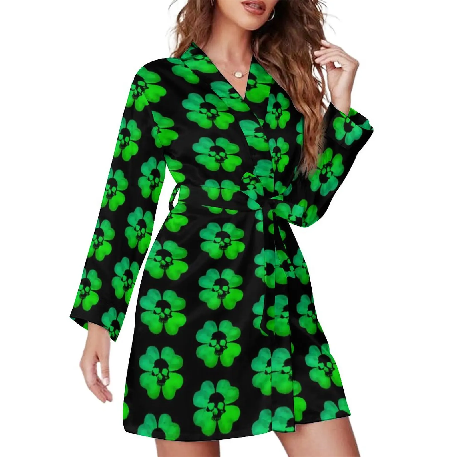 

Shamrock Pattern Pajama Robe V Neck Spooky Skull Art Graphic Bathrobe Women Long Sleeves Sexy Pajamas Robes Spring Casual Dress