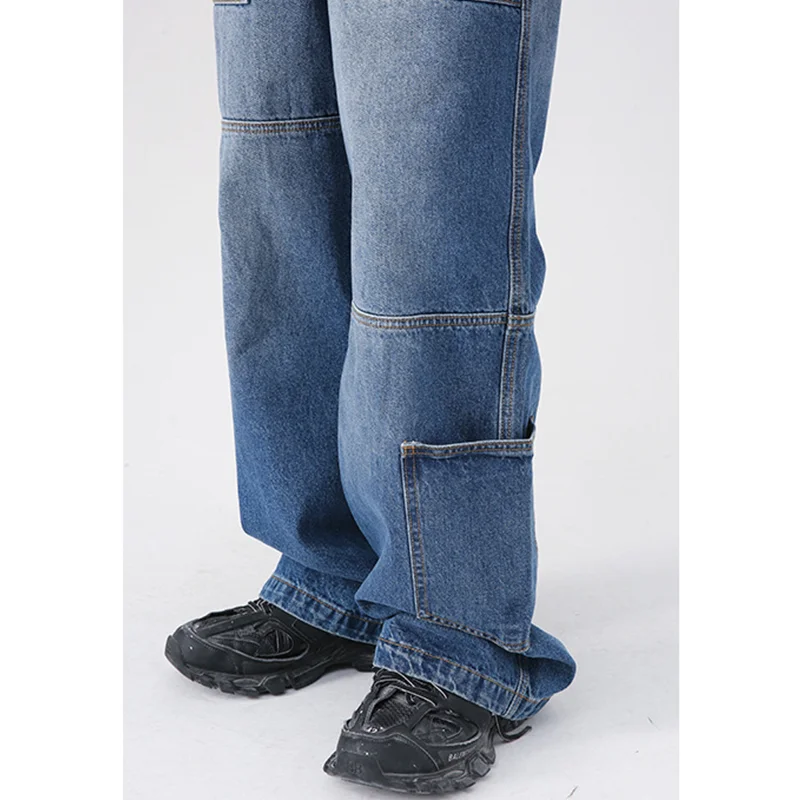 Men Clothing 2022 New Pattern Vintage Recreational Blue Jeans Loose Straight Cylinder Multiple Pockets Cargo Pants Autumn Female