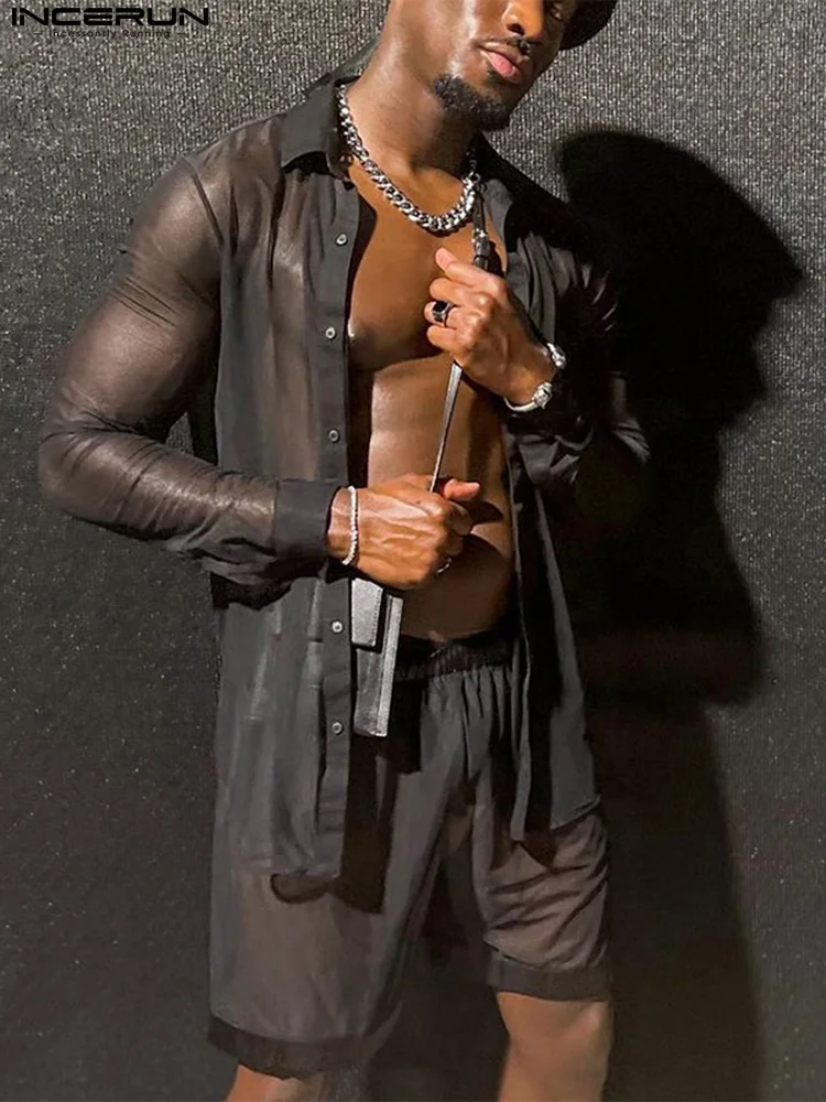 

Sexy Leisure Style Men's Sets See-through Mesh Male Long Sleeve Shirts Five Pants Casual Streetwear Suit 2 Pieces S-5XL INCERUN