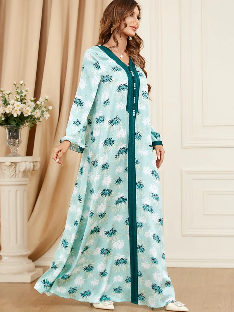 Print Abaya for Women Braided Trim Islamic Dresses Gulf Jalabiya Dubai Muslim Party Long Dress Moroccan Kaftan Ramadan Eid