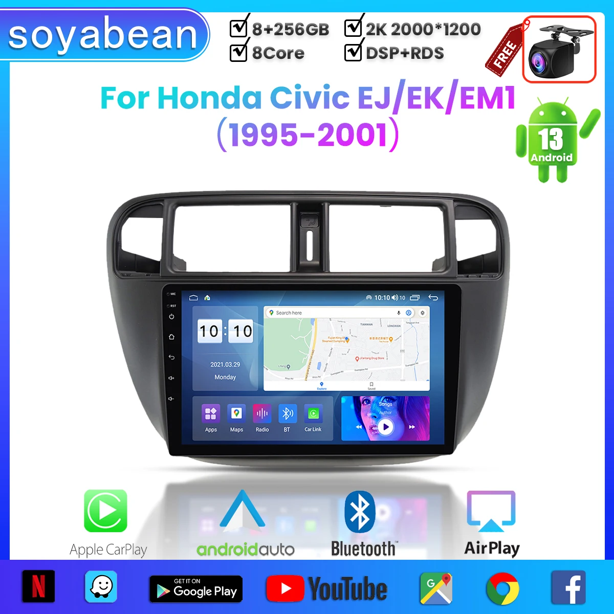 

Android 13 Car Radio for Honda CIVIC EJ EK EM 1995-2001, 9inch 2K Multimedia Player with 4G Carplay DSP & 2Din GPS