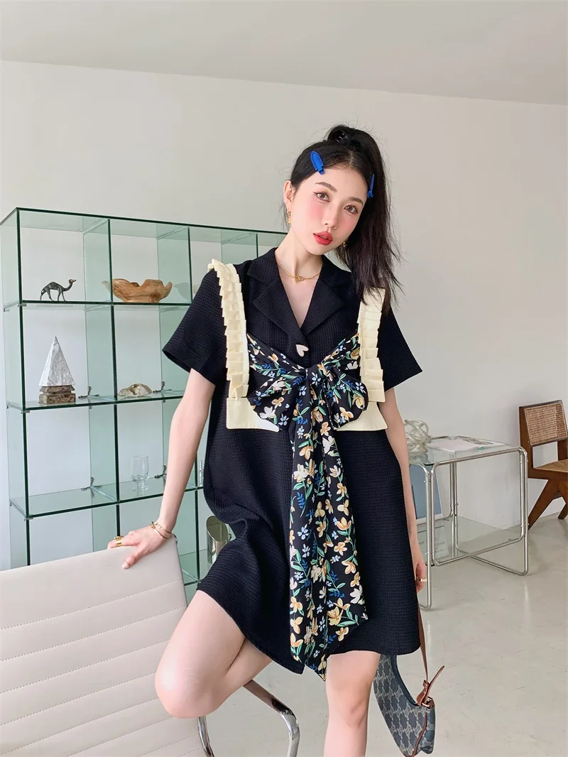 

DALMAZZO Summer Designer French Floral Bow Ruffles Blazer Dress Women Notched Single-Breasted Short Sleeve Loose Suit Dresses