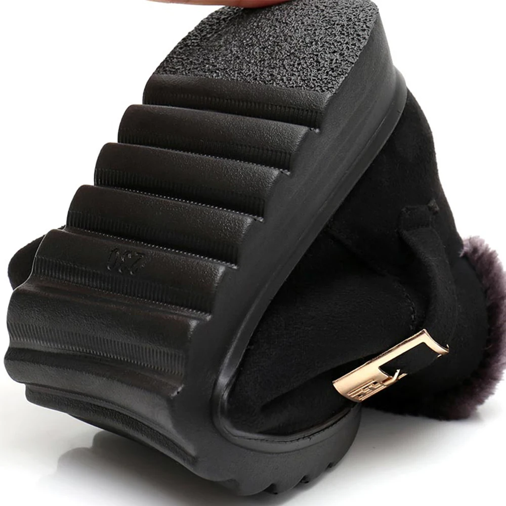 Winter Boots for Women Warm Plush Metal Decoration Designed Female Ankle Boots Rubber Anti-slip Casual Wedge Shoes Black