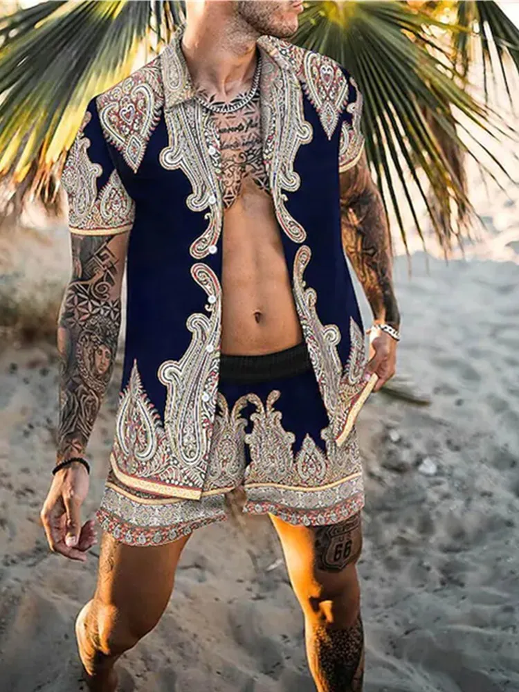 

hot Hawaiian Set Mens Printing Set Short Sleeve Summer Casual Floral Shirt Beach Two Piece Suit 2022 New Fashion Men Sets S-3XL