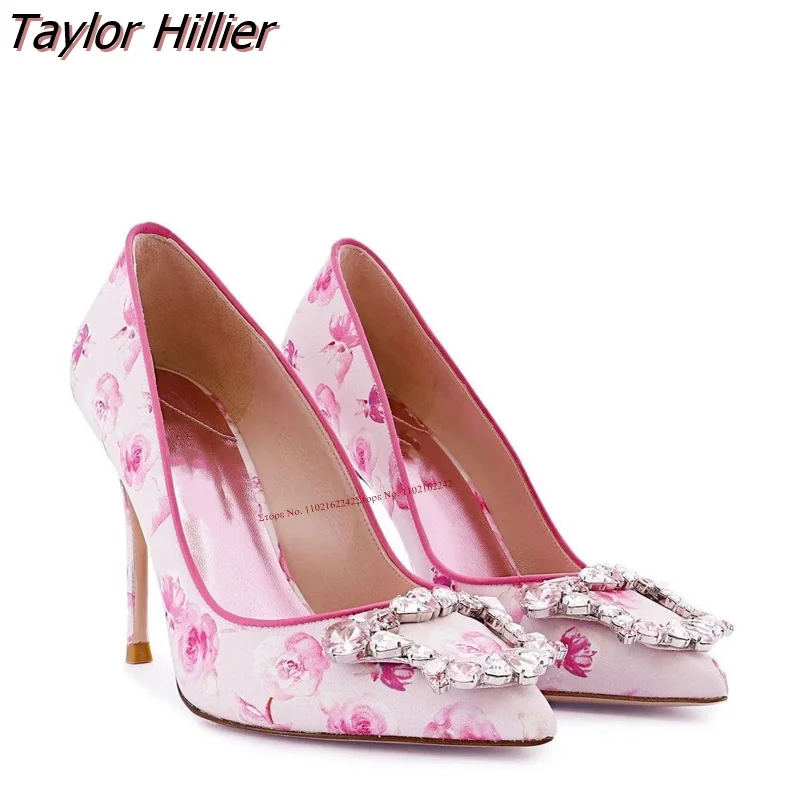 Новые туфли-лодочки с розовым принтом острым носком на шпильке закрытым для