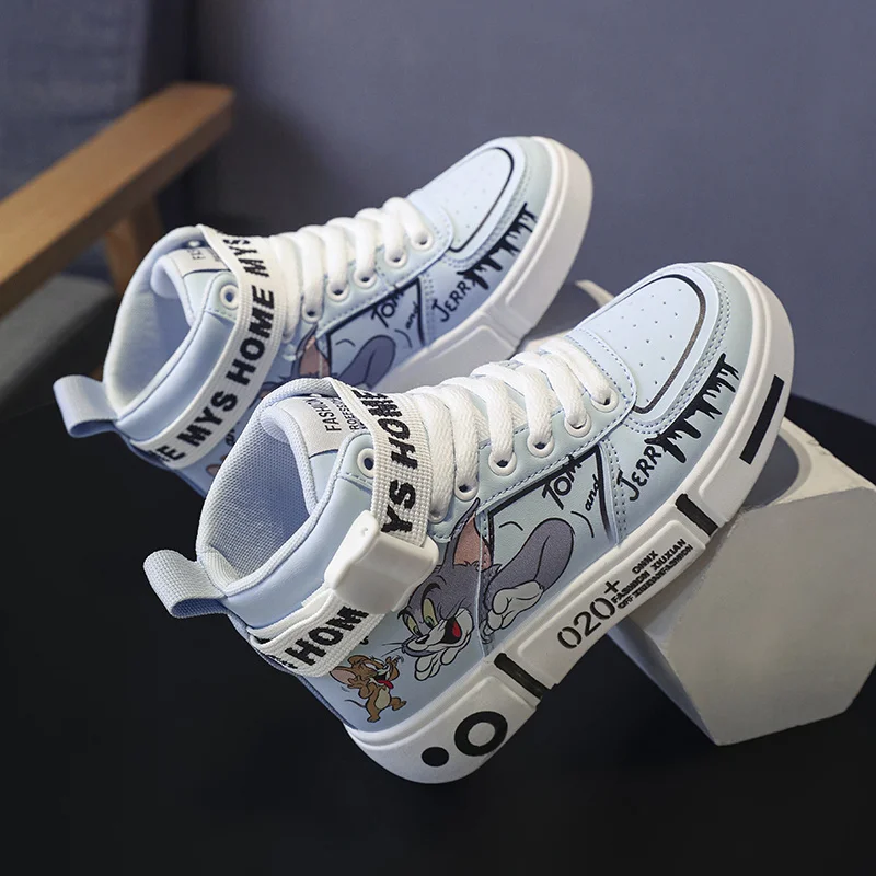 Hot Fashion Cartoon Skateboard Shoes Kids Boy Lace Up Antiskid Sports Shoes Women Platform Leather Casual Anime Sneakers Male