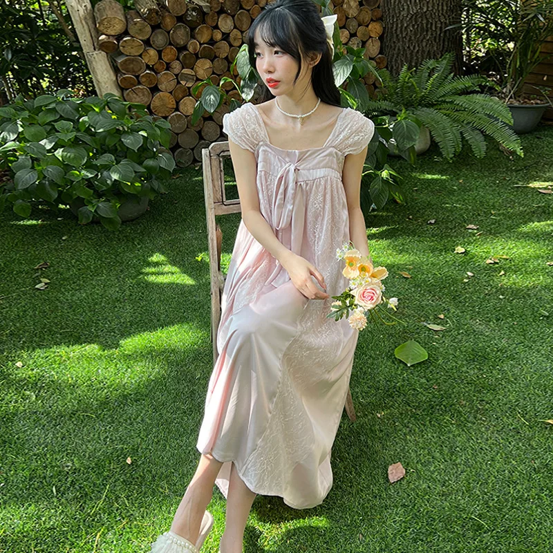 Long Nightgown Summer Female French Court Style Nightdress Sleepwear Sexy Lace Nightdress Home Dressing Gown Loose Lounge Wear