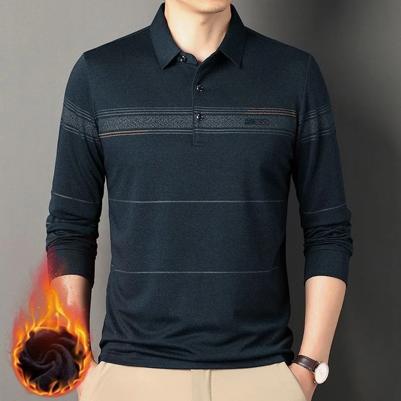 

4 Styles 2023 Men's Polo Shirts Stripe Plush Thickened Pullover Fashion Casual Warm Long Sleeve T-shirt Polo T Shirt for Men