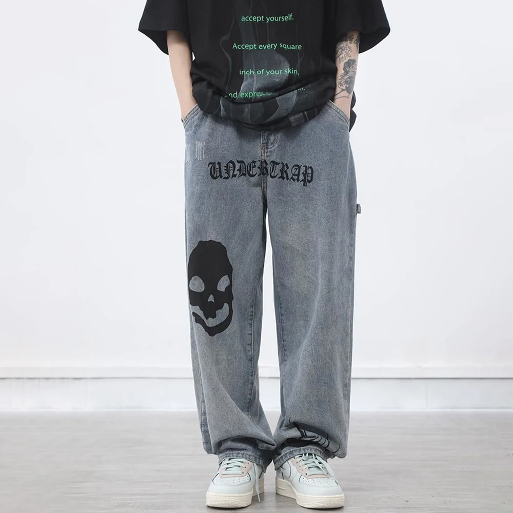 Skull Men Jeans High Street Hip Hop Print Loose Oversize Wide Leg Jeans Unisex Japanese Grafitti Casual Letter Straight