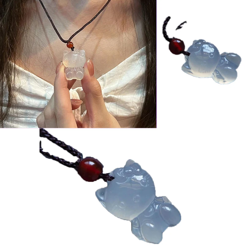 

Kawaii cute cartoon Sanrioed Hello Kitty jade pendant Adjustable cat necklace decorative ornament birthday present
