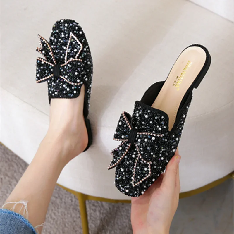 Lady Peal Bow TNew In Slippers Flat Slides For Bare Foot Закрытый носок Черное золото Повседневная обувь