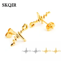 skqir stainless steel heart ecg medical stud earrings for nurse doctor gold hollow heartbeat girlfriend jewelry gift wholesale