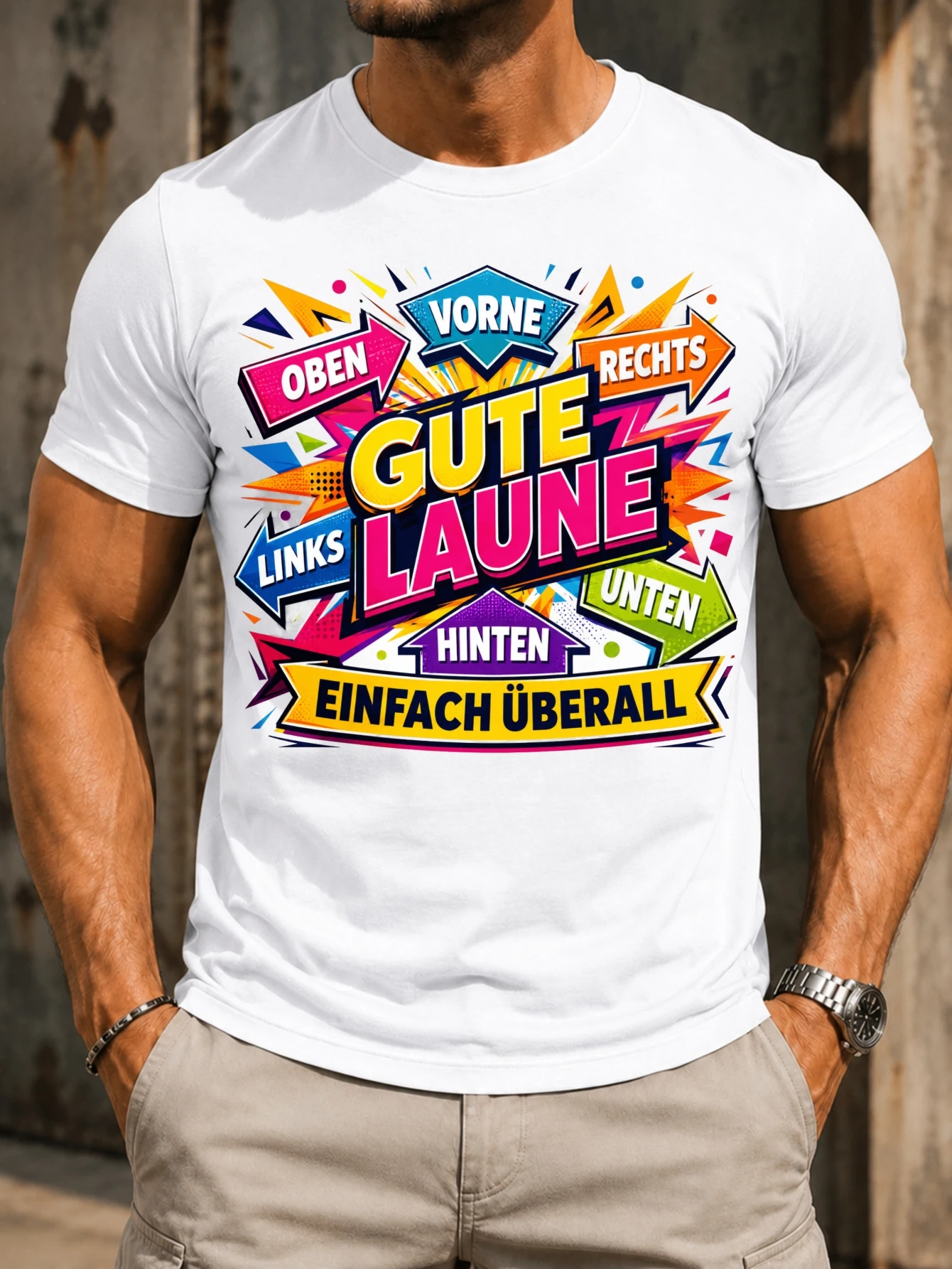 Фото Gute Laune Einfach Uberall Bold Arrows, комичные угловатые формы, неоновые цвета и энергичная позитивность, футболка унисекс. №1