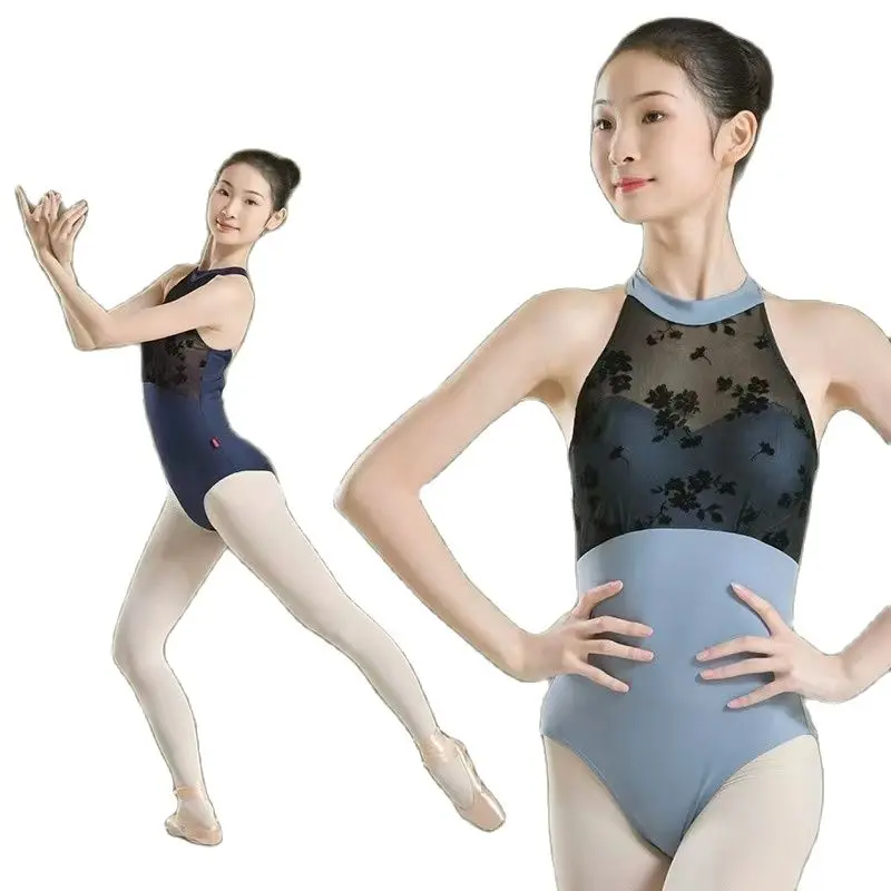 

Ballet Leotards For Women V Backless Ruffles Sleeve Mesh Splice Dance Costume Gym Yoga Swimwear Leotard Elegant Bodysuit