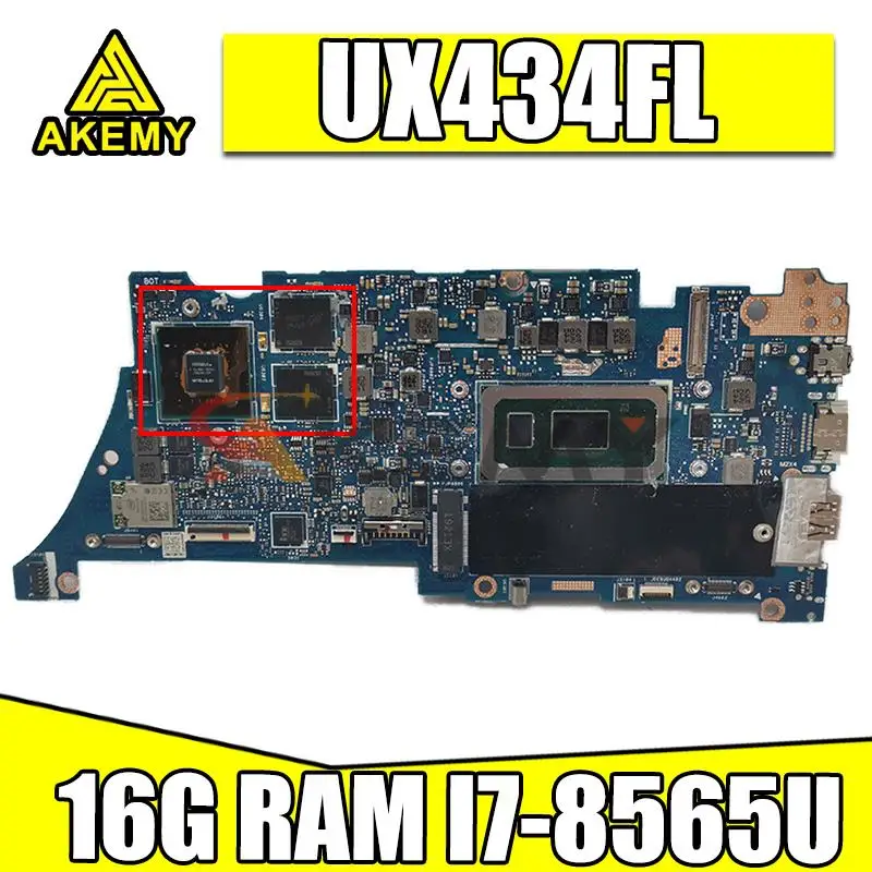 

Akemy UX434FL Laptop Motherboard For Asus UX434FL UX434F Mainboard New MB W/ 16G/I7-8565U MX250-V2G Tested full OK