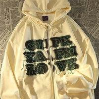 womens american style retro zip up hoodies streetwear harajuku hooded sweatshirts vintage letter high street loose pullover