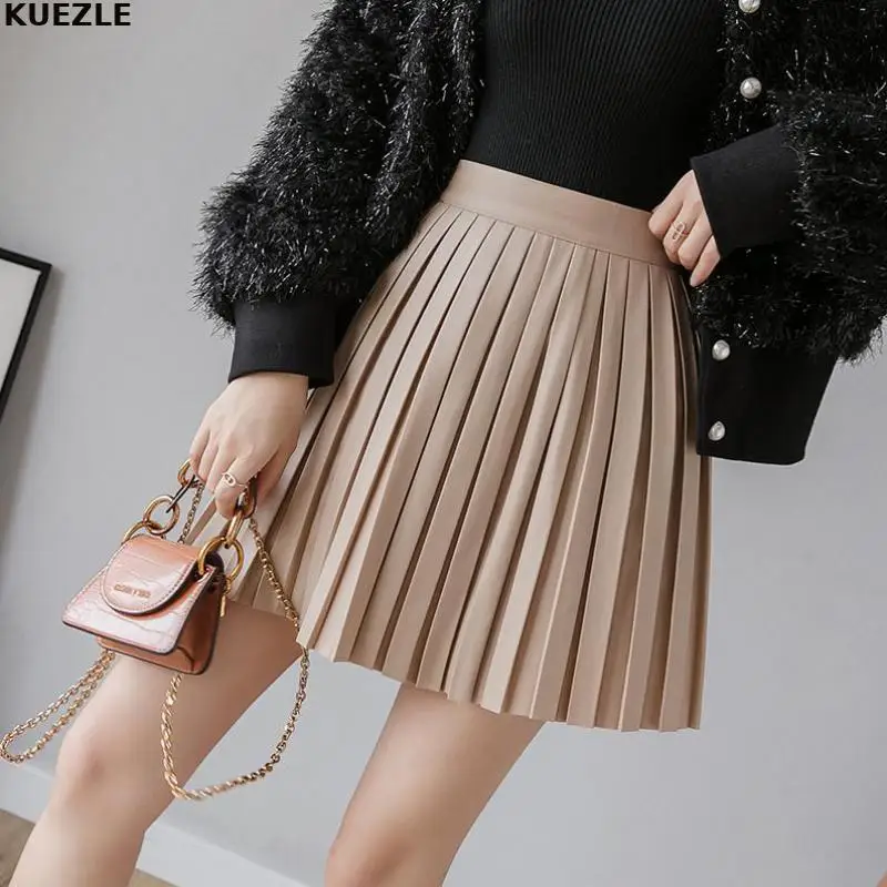 

Женская плиссированная мини-юбка из ПУ кожи, с высокой талией