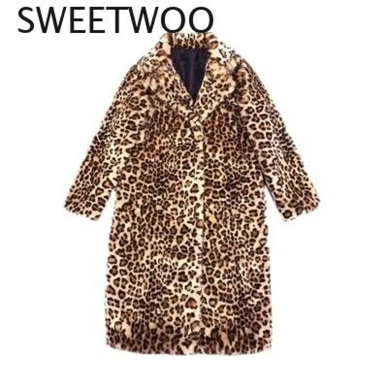 Classic Leopard Print Color Faux Fur Coat Women Long Thick Warm Jackets Fluffy Star Style Overcoats Winter Street Outerwear 2022