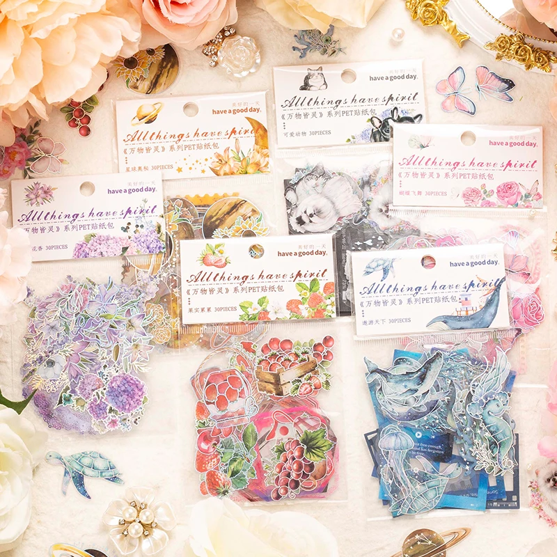 

30 sheets PET Sticker laser silver colorful hand tent Decorative materials Butterfly Planet Marine animal border collage 6 kinds