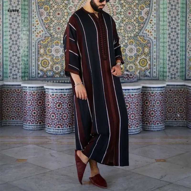

Fashion Dubai Casual Kaftan Robe Stripes Muslim Dresses Abaya Shirt for Mens
