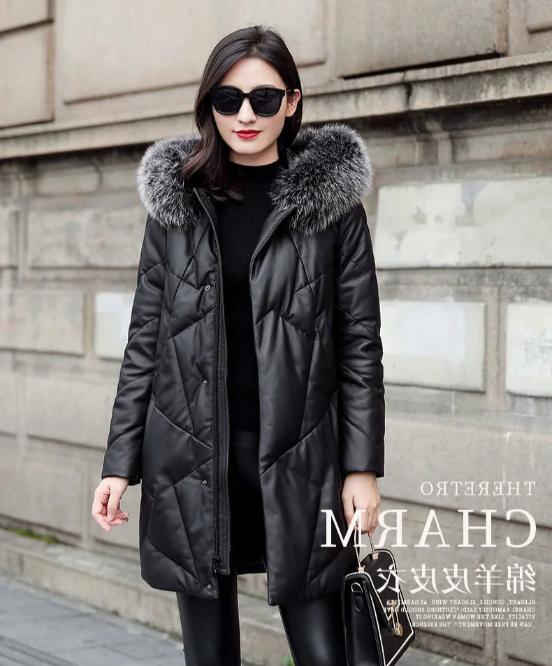 

2023 Genuine Leather Down Jacket Women Winter Sheepskin Coat Female Fox Fur Collar Hooded Leather Jackets Women ZM-612 KJ5400