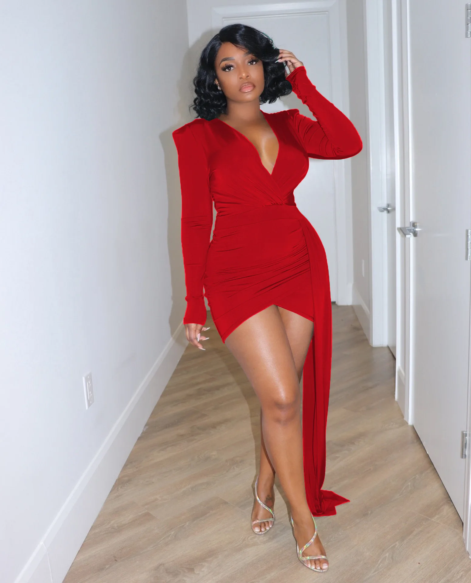 

Элегантные женские платья для вечеринки 2022 сексуальное облегающее шелковое короткое платье с V-образным вырезом и длинным рукавом модное ж...