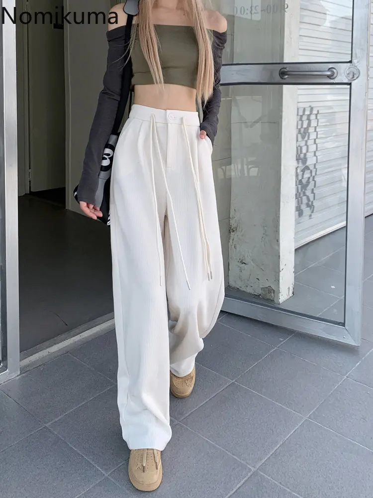 

Nomikuma Pantalon Pour Femme Autumn Winter High Waist Wide Leg Drawstring Pants Women Vintage Elegant Fashion Trousers Women