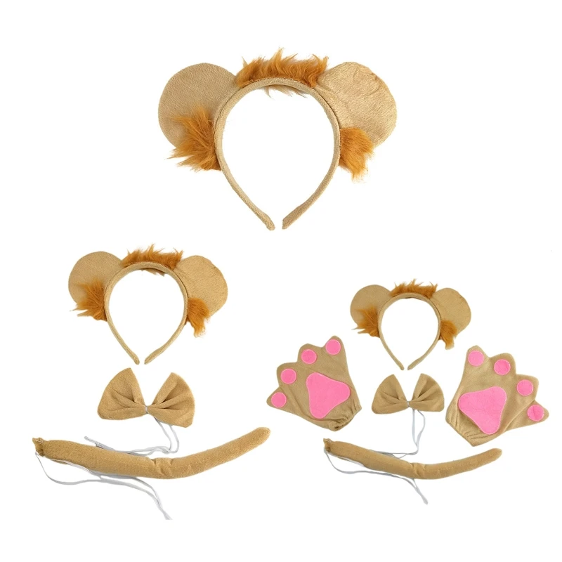 

Kids Animal Costume Lion Ears Headband Bowtie Tail Gloves 1/3/4Pcs
