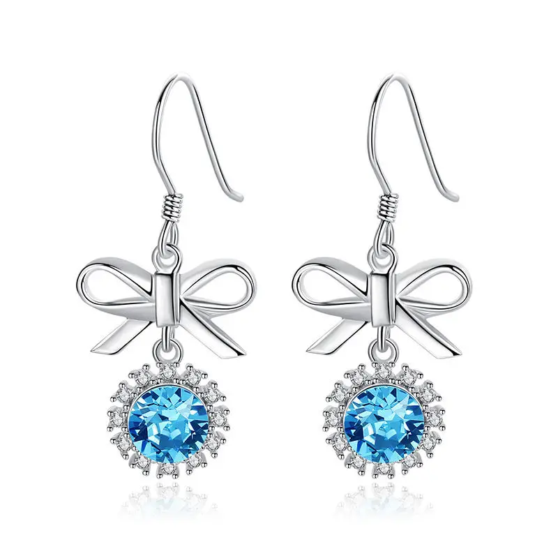 

Austrian Crystal Bow Drop Dangle Earrings for Women Girls 925 Sterling Silver Bridal Luxury Blue Diamond Hook Earrings Jewelry