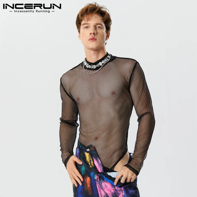

Боди INCERUN мужское Сетчатое прозрачное, с высоким воротником и длинным рукавом