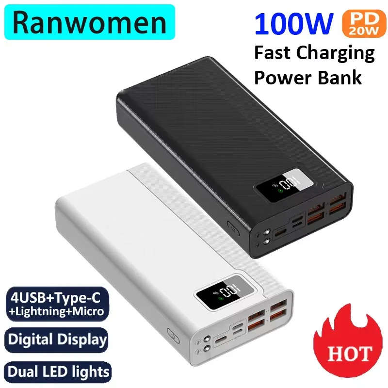 Ranwomen Power Bank 50000 мАч Сверхбыстрая зарядка аккумулятора большой емкости с цифровым