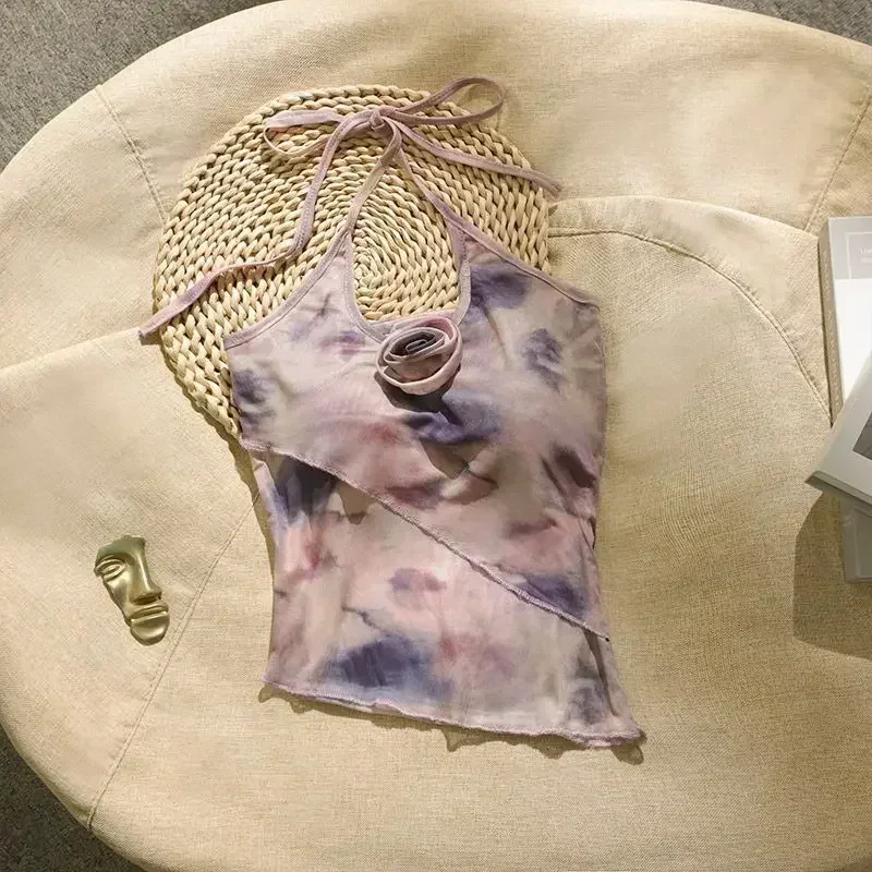 Изысканный дизайн сексуальный асимметричный топ с принтом 2024 женская мода