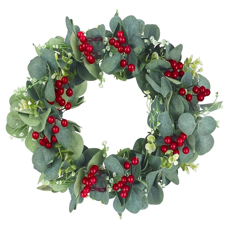 

Artificial Eucalyptus Wreath, Wreath For Front Door Wreath Welcome Sign With Green Leaves & Red Berries Decor Wreath
