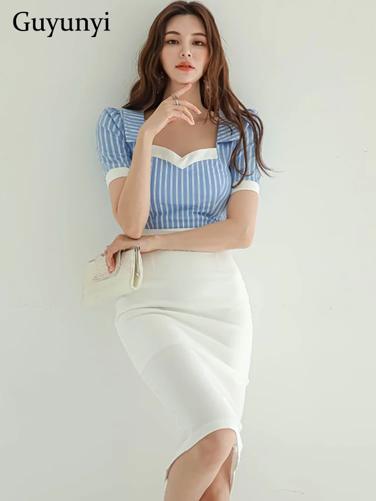 

Женское офисное платье в полоску, Элегантное летнее платье в Корейском стиле с квадратным вырезом и пышными рукавами, платье-футляр с высокой талией, цвет голубой/белый