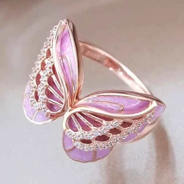 

Exquisite Rose Gold Butterfly Animal Ring Pink Enamel Wings Zircon Rings For Women Dreaming Birthday Anniversary Gifts Jewelry