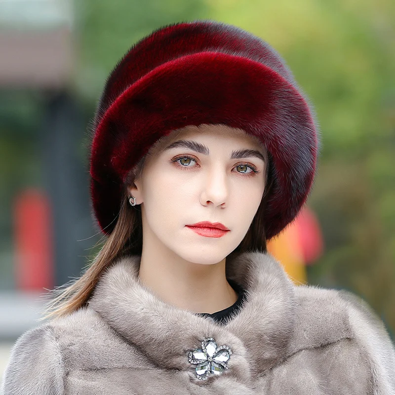 2022 New Russian Fur Ski Hat Winter Warm Mink Fur Caps For Women Earflap Fisherman Earwarmer Hat Floral Basin Cap