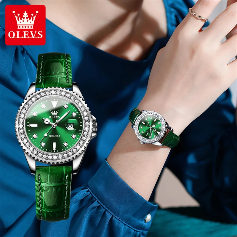 

OLEVS 9945 Luxury Ladies's Quartz Watch Green Leather Women's Watches Waterproof Luminous Calendar Female Clock Relogio Feminino
