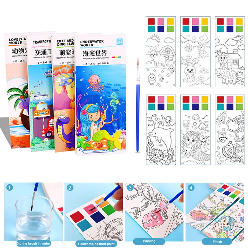 

20Pages Toddlers Coloring Books Magic Paint with Water Drawing Toys Children Gouache Graffiti Picture Pocket Watercolor Bookmark