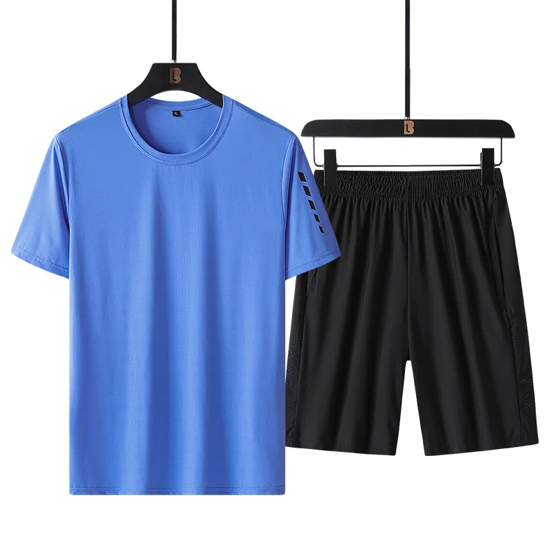 2023 Sports Set Men's Summer Thin Quick Drying T-shirt Men's Fitness Short Sleeve and Running Shorts Ice Silk Two Piece Set