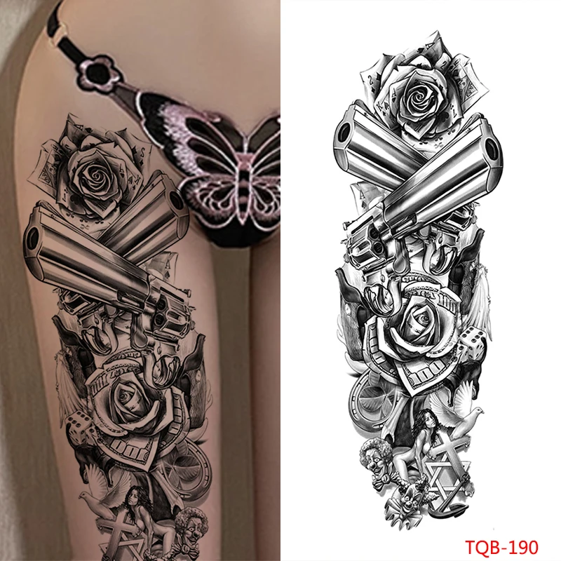 

Большой рукав для руки, временная татуировка пистолета, водостойкая Мужская и женская роспись, боди-арт, на всю руку, роза, искусственная татуировка, наклейка