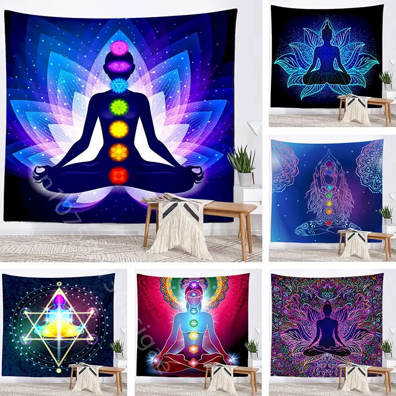 

Buddha Print Tapestry Living Room Wall Hanging Cloth Indian Statue Meditation Mandala Psychedelic Bedroom Decoration Tapestries